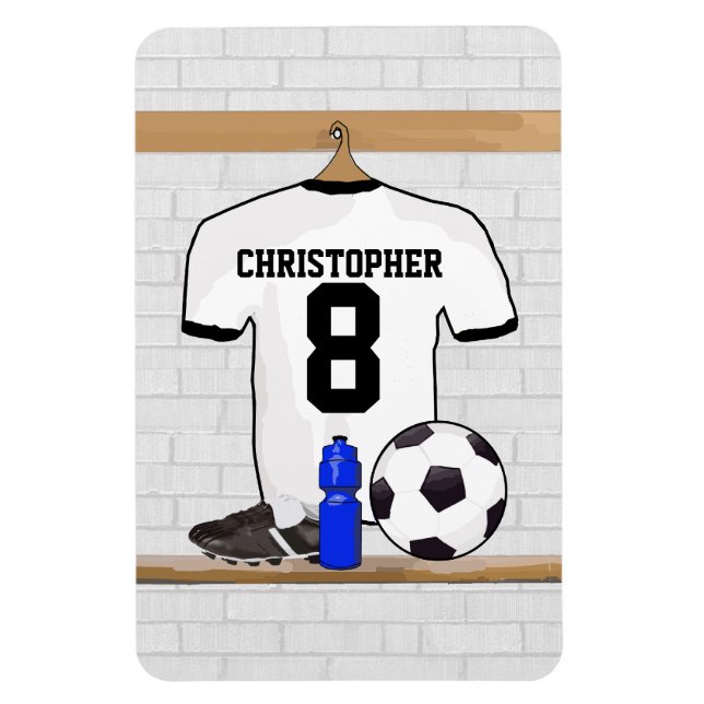 Personalised White Black Football Soccer Jersey Magnet (Vertical)