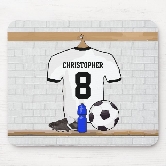Personalised White Black Football Soccer Jersey Mouse Mat (Front)