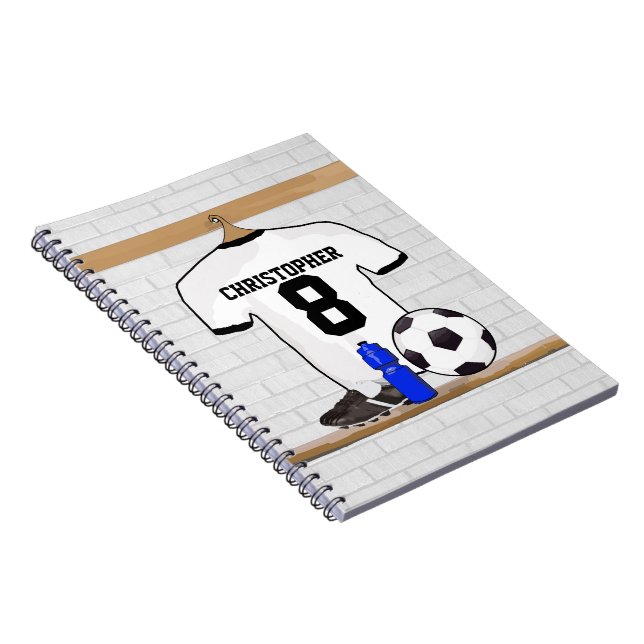 Personalised White Black Football Soccer Jersey Notebook (Right Side)