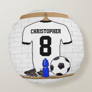 Personalised White Black Football Soccer Jersey Round Cushion