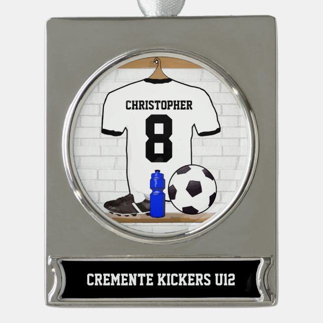 Personalised White Black Football Soccer Jersey Silver Plated Banner Ornament (Front)