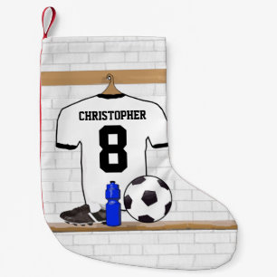 Personalised White Black Football Soccer Jersey Small Christmas Stocking
