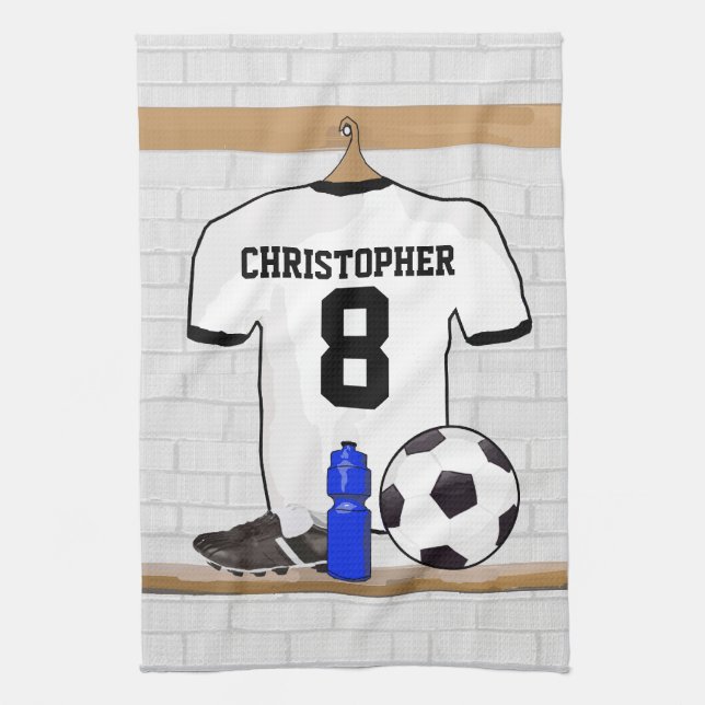 Personalised White Black Football Soccer Jersey Tea Towel (Vertical)