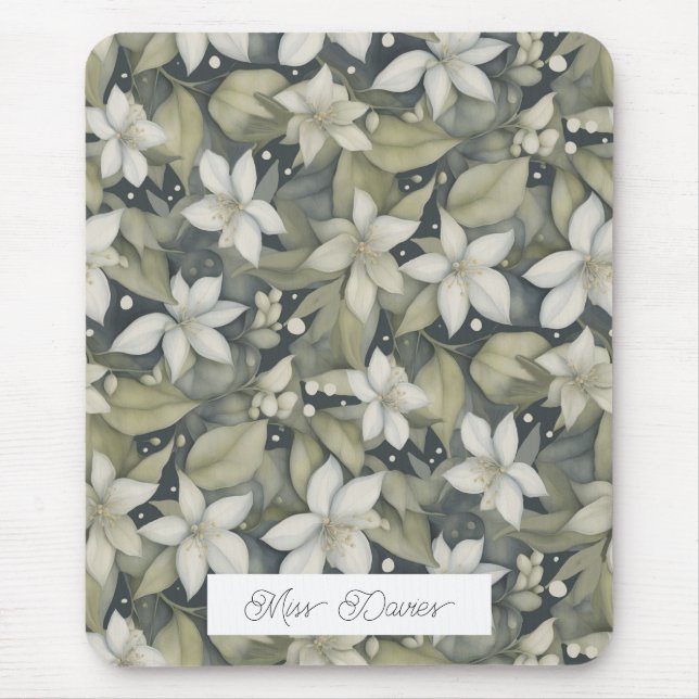 Personalised White Blossoms with Botanical Sage Mouse Mat (Front)