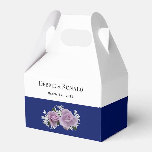 Personalised White Blue Rose Wedding Favour Box (Front Side)