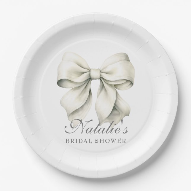 Personalised White Bow Bridal Shower Fancy Paper Plate (Front)