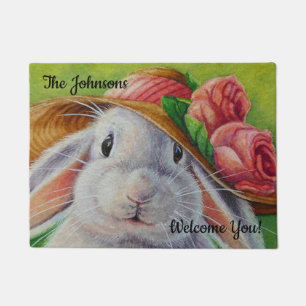 Personalised White Bunny Rabbit in Spring Bonnet Doormat