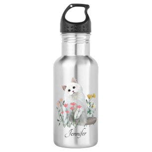 Personalised White Cat Flowers Custom name 532 Ml Water Bottle