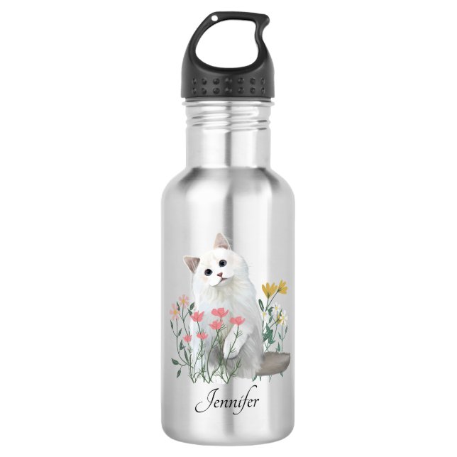 Personalised White Cat Flowers | Custom name 532 Ml Water Bottle (Front)