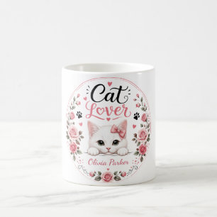 Personalised White Cat Lover Name Pink Roses Coffee Mug