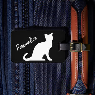 Personalised white cat silhouette luggage tag