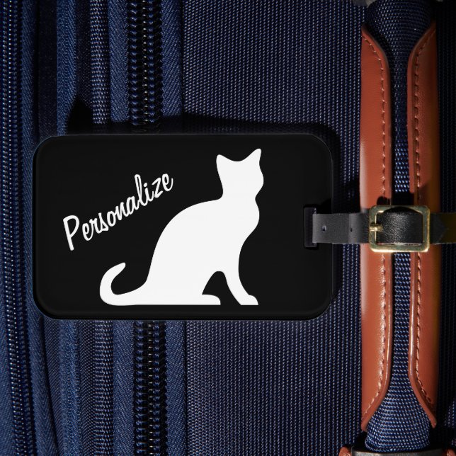 Personalised white cat silhouette luggage tag (Front Insitu 4)