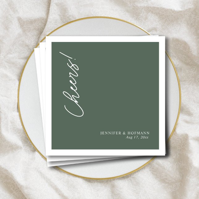 Personalised White "Cheers!" Sage Green Wedding  Napkin (Personalized White _Cheers!_ Sage Green Wedding  Napkins )