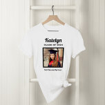 Personalised White Class of 2025 Graduation Photo T-Shirt<br><div class="desc">Modern and minimal white graduation t-shirt design features a square photo of the graduate framed in black with simple and classic first name,  class year,  and school name wording that can be personalised. Shirt colours and style can be modified to coordinate with school or party colours.</div>