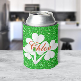 Personalised White Clovers Green Glitter Can Cooler