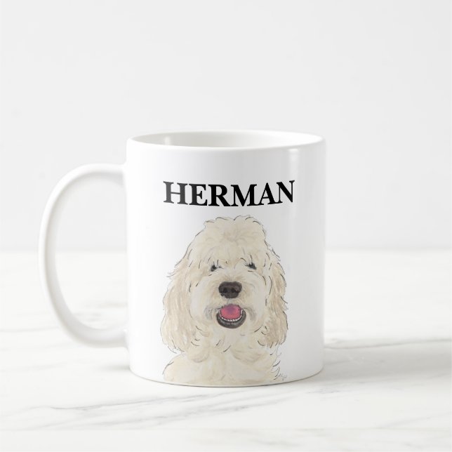 Personalised White Cream Doodle Dog Coffee Mug (Left)