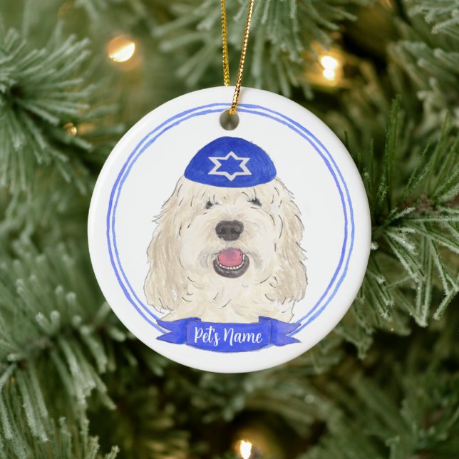 Personalised White Cream Doodle Dog Hanukkah Ceramic Tree Decoration (Tree)