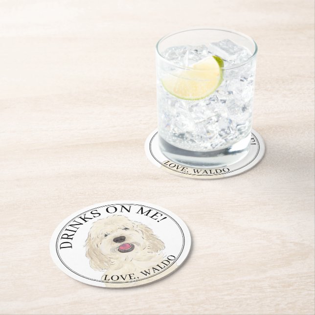 Personalised White Cream Golden Doodle Dog Wedding Round Paper Coaster (Insitu)