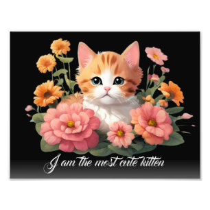 Personalised White Cute Kitten Cat in Flower Black Photo Print