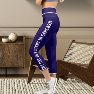 Personalised White Dark Blue Fun Comic Style Cat Capri Leggings