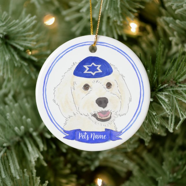 Personalised White Doodle Dog Hanukkah Ceramic Tree Decoration (Tree)