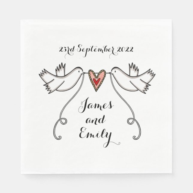 Personalised White Doves and Love Heart Wedding Napkin (Front)