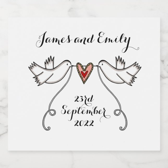Personalised White Doves Wedding Bottle Labels (Single Label)
