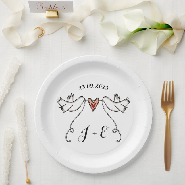 Personalised White Doves Wedding Food Paper Plate (Wedding)