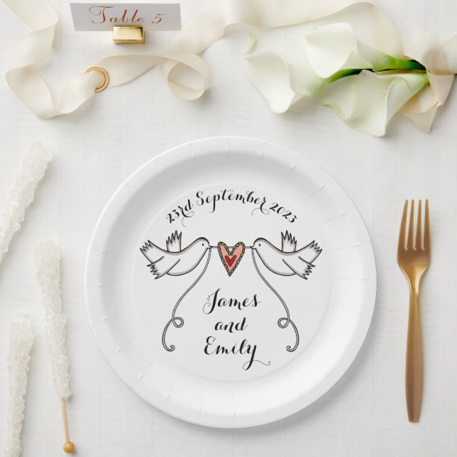 Personalised White Doves Wedding Food Paper Plate (Wedding)