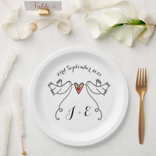 Personalised White Doves Wedding Food Paper Plate (Wedding)