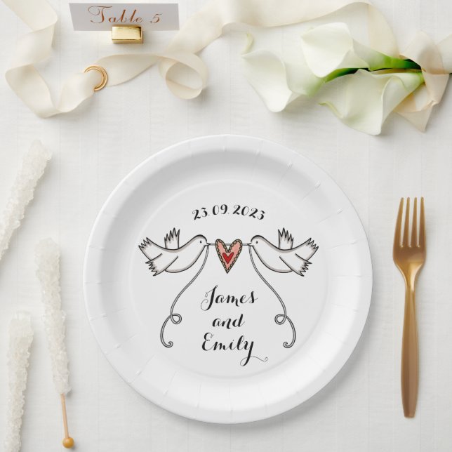 Personalised White Doves Wedding Food Paper Plate (Wedding)