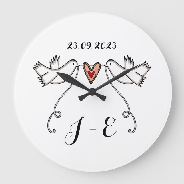 Personalised White Doves Wedding Gift Acrylic  Lar Large Clock (Front)