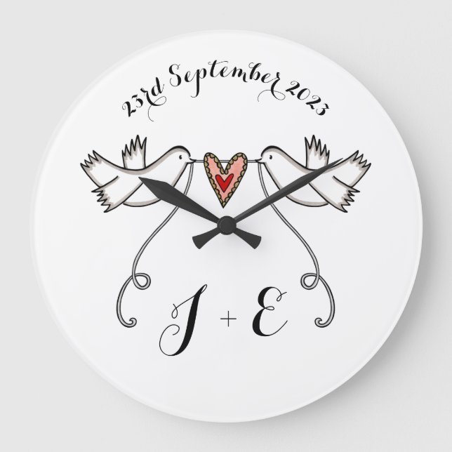 Personalised White Doves Wedding Gift Acrylic Large Clock (Front)