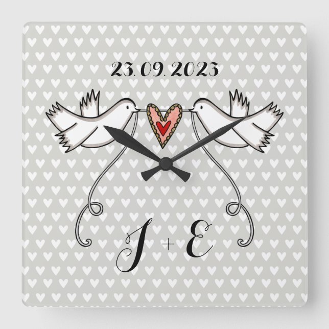 Personalised White Doves Wedding Gift Acrylic  Squ Square Wall Clock (Front)