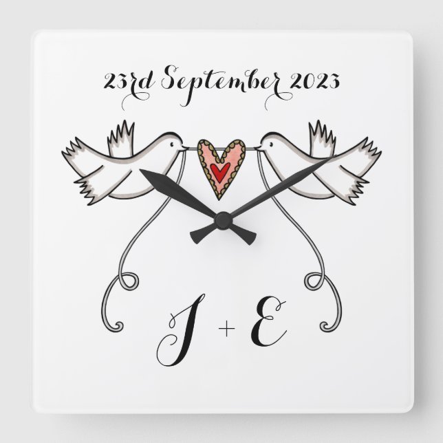 Personalised White Doves Wedding Gift Acrylic Squa Square Wall Clock (Front)