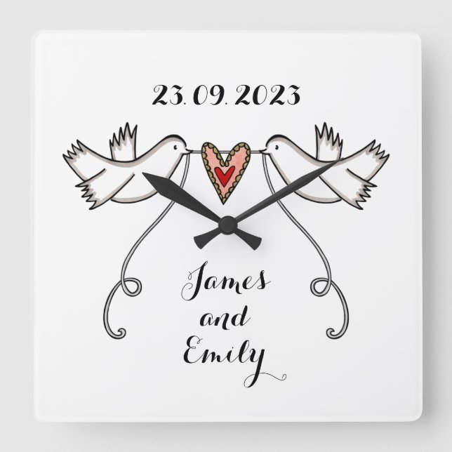 Personalised White Doves Wedding Gift Acrylic Squa Square Wall Clock (Front)