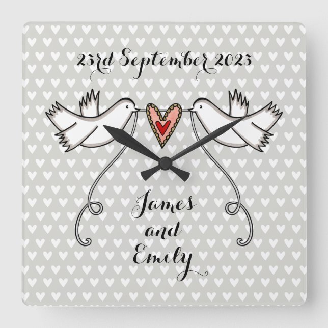 Personalised White Doves Wedding Gift Acrylic Squa Square Wall Clock (Front)