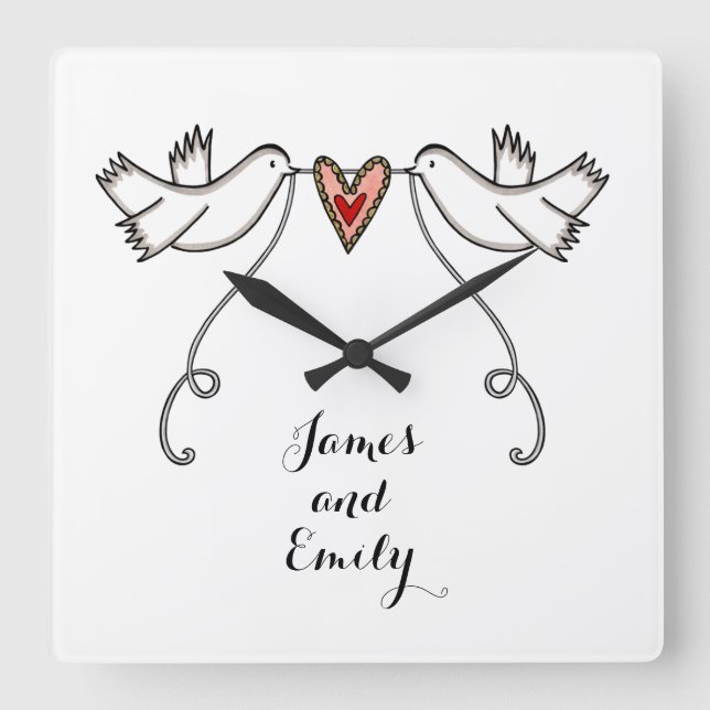 Personalised White Doves Wedding Gift Acrylic Squa Square Wall Clock (Front)