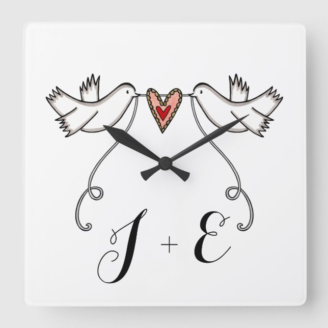 Personalised White Doves Wedding Gift Acrylic Squa Square Wall Clock (Front)