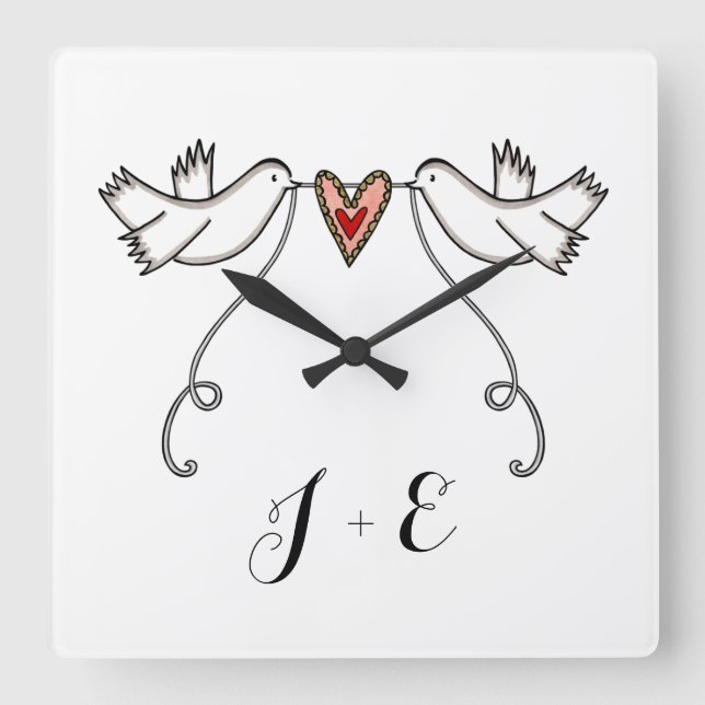 Personalised White Doves Wedding Gift Acrylic  Square Wall Clock (Front)