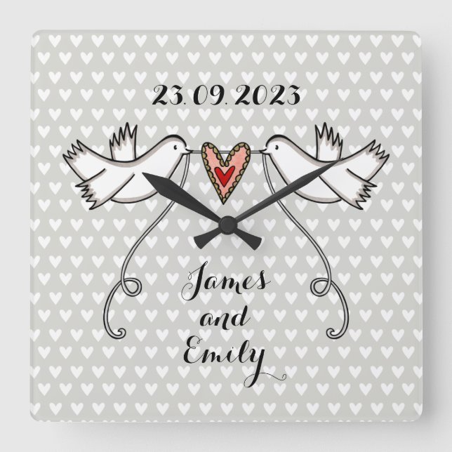 Personalised White Doves Wedding Gift Acrylic  Square Wall Clock (Front)