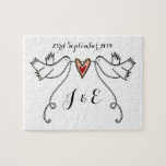 Personalised White Doves Wedding Jigsaw Puzzle<br><div class="desc">An illustration of 2 beautiful doves holding flowing ribbon with a love heart attached. 
This jigsaw puzzle can be personalised with the names of the couple and the wedding date. A quirky alternative gift for newlyweds</div>