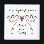 Personalised White Doves Wedding Magnet Favour<br><div class="desc">An illustration of 2 beautiful doves holding flowing ribbon with a love heart attached</div>