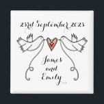 Personalised White Doves Wedding Magnet Favour<br><div class="desc">An illustration of 2 beautiful doves holding flowing ribbon with a love heart attached</div>