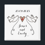 Personalised White Doves Wedding Magnet Favour<br><div class="desc">An illustration of 2 beautiful doves holding flowing ribbon with a love heart attached</div>