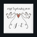 Personalised White Doves Wedding Magnet Favour<br><div class="desc">An illustration of 2 beautiful doves holding flowing ribbon with a love heart attached</div>