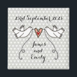 Personalised White Doves Wedding Magnet Favour<br><div class="desc">An illustration of 2 beautiful doves holding flowing ribbon with a love heart attached</div>
