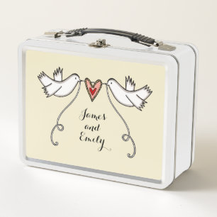 Personalised White Doves Wedding Metal Lunch Box