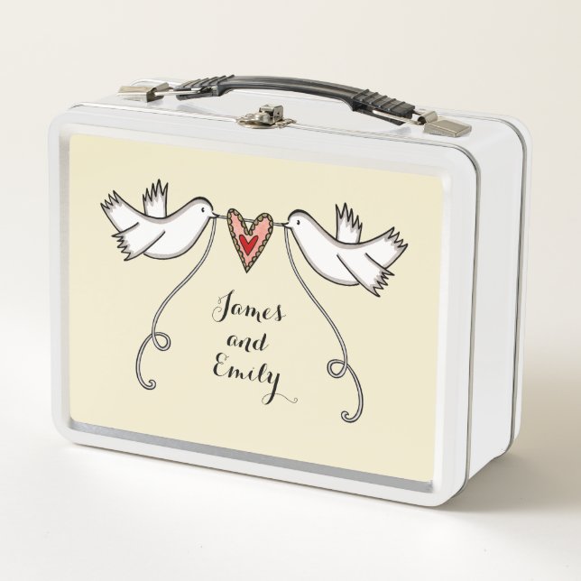 Personalised White Doves Wedding Metal Lunch Box (Front)