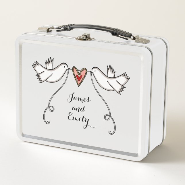 Personalised White Doves Wedding Metal Lunch Box (Front)